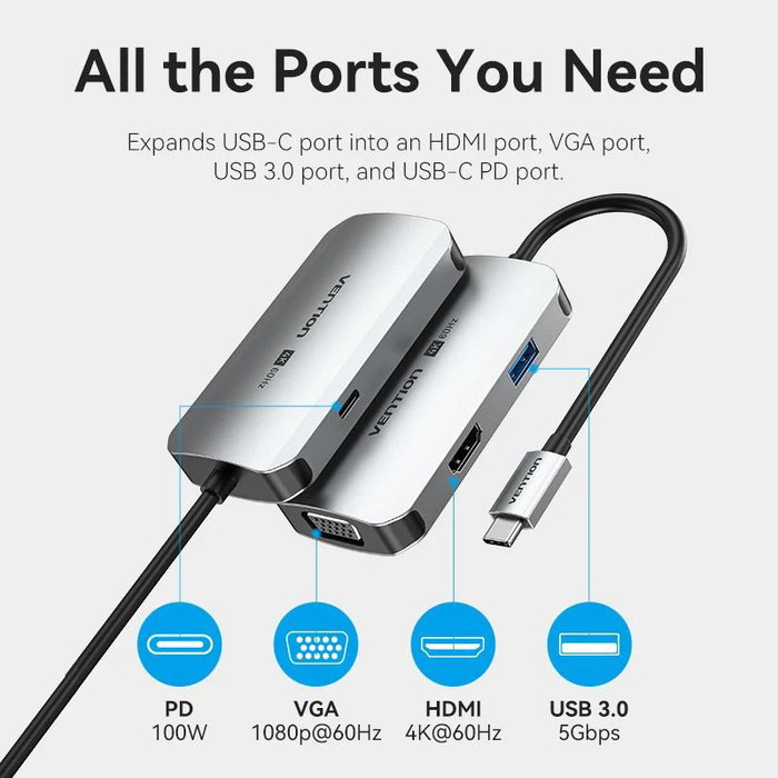 Vention Docking USB Tipo-C TQAHB 1xHDMI 1xUSB 1xVGA 1xUSB Tipo-C PD Gris